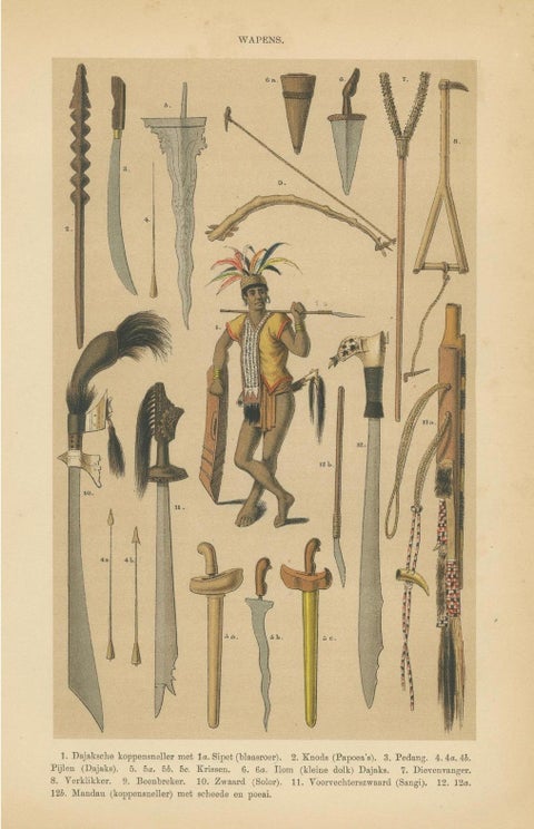 Antique Print, Javanese & Dayak Weapons, Spears, Kris & Ceremonial Arms, 1860, close-up 1