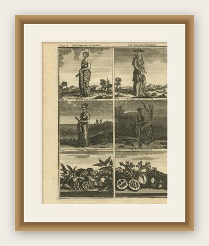 Antique Print with Various Asian Scenes ‘Incl. Indonesia’ by C. De Bruin, 1728, shown framed