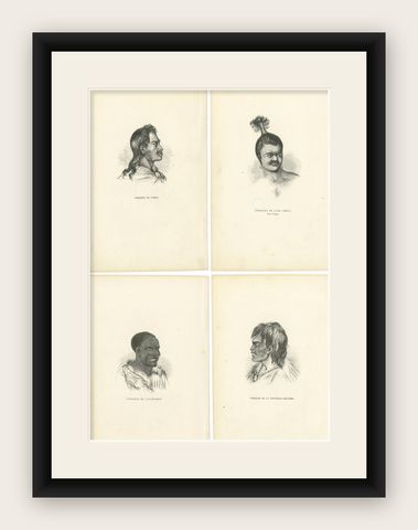 Set of 4 Antique Prints of Natives of Timor, Tahiti, Tasmania & New Zealand 1845, shown framed
