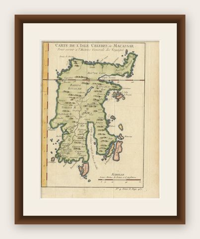 Antique Map of Celebes 'Sulawesi, Indonesia' by Bellin, ciarca 1755, shown framed