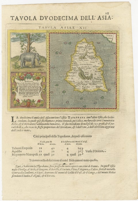 1621 Ptolemy & Magini Map of Taprobana (Sumatra) with Elephant Inset, view 2