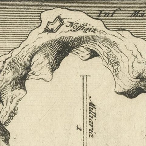 Antique Map of Macjan or Makian Island in the Moluccas, Indonesia, c.1740, close-up 1