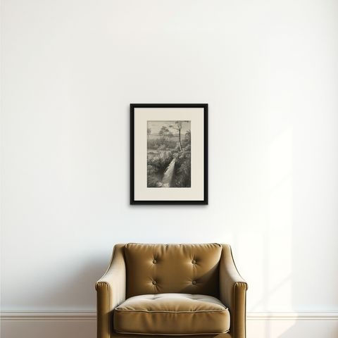Antique Print of a waterfall near Tondano (Indonesia) by C.W.M. van de Velde, shown framed on a wall, true to size