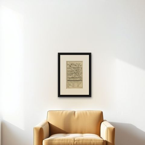 Antique Print of the Road Between Semarang and Kartosuro, Java, 1726, shown framed on a wall, true to size