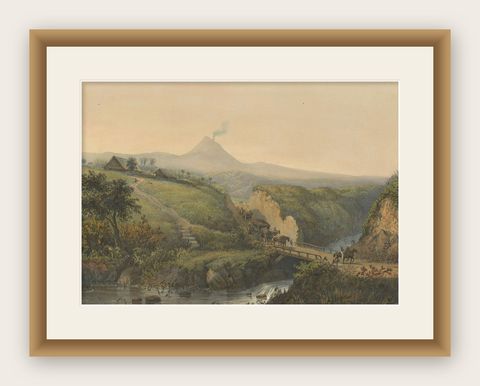Landscape near Probolinggo with Smoking Volcano, Java Lithograph, c.1872, shown framed