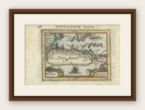 Rare 16th Century Original Handcolored Miniature Map of Java, Indonesia, 1616, shown framed