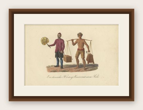 Original Print of a Chinese Peddler and His Day Laborer in Indonesia, ca 1830, shown framed