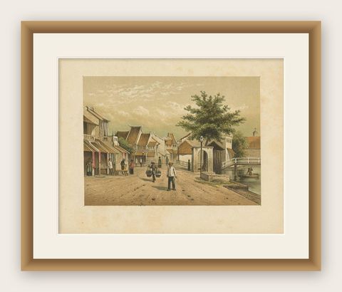 Antique Print of a Street View of Batavia, Indonesia by M.T.H. Perelaer, 1888, shown framed