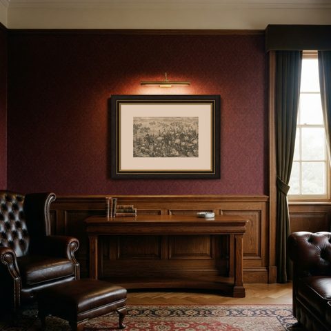 Engraving of Dutch Attacking the Portuguese Fleet off Bantam, Indonesia, 1644, shown framed in a room, true to size