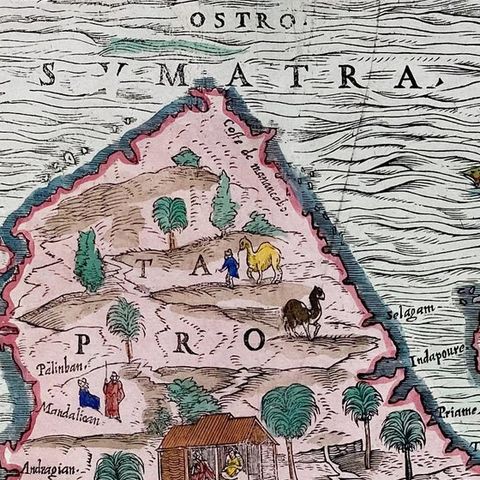 1606 Hand-Colored Woodcut Map of Sumatra from Ramusio’s Delle Navigationi, close-up 4