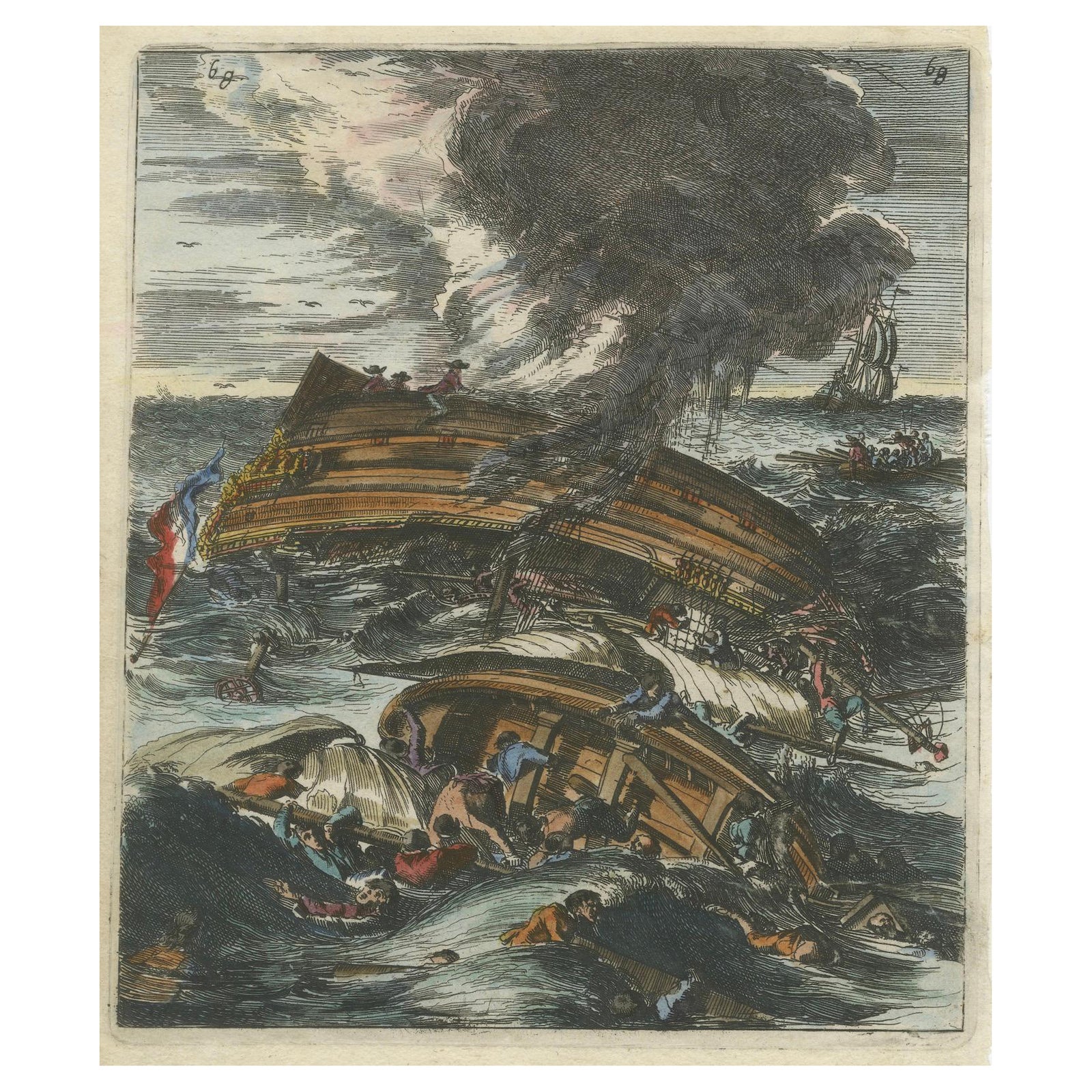 Capsizing Warships, Hand-Colored Etching of Schouten’s East Indian Voyage, 1676