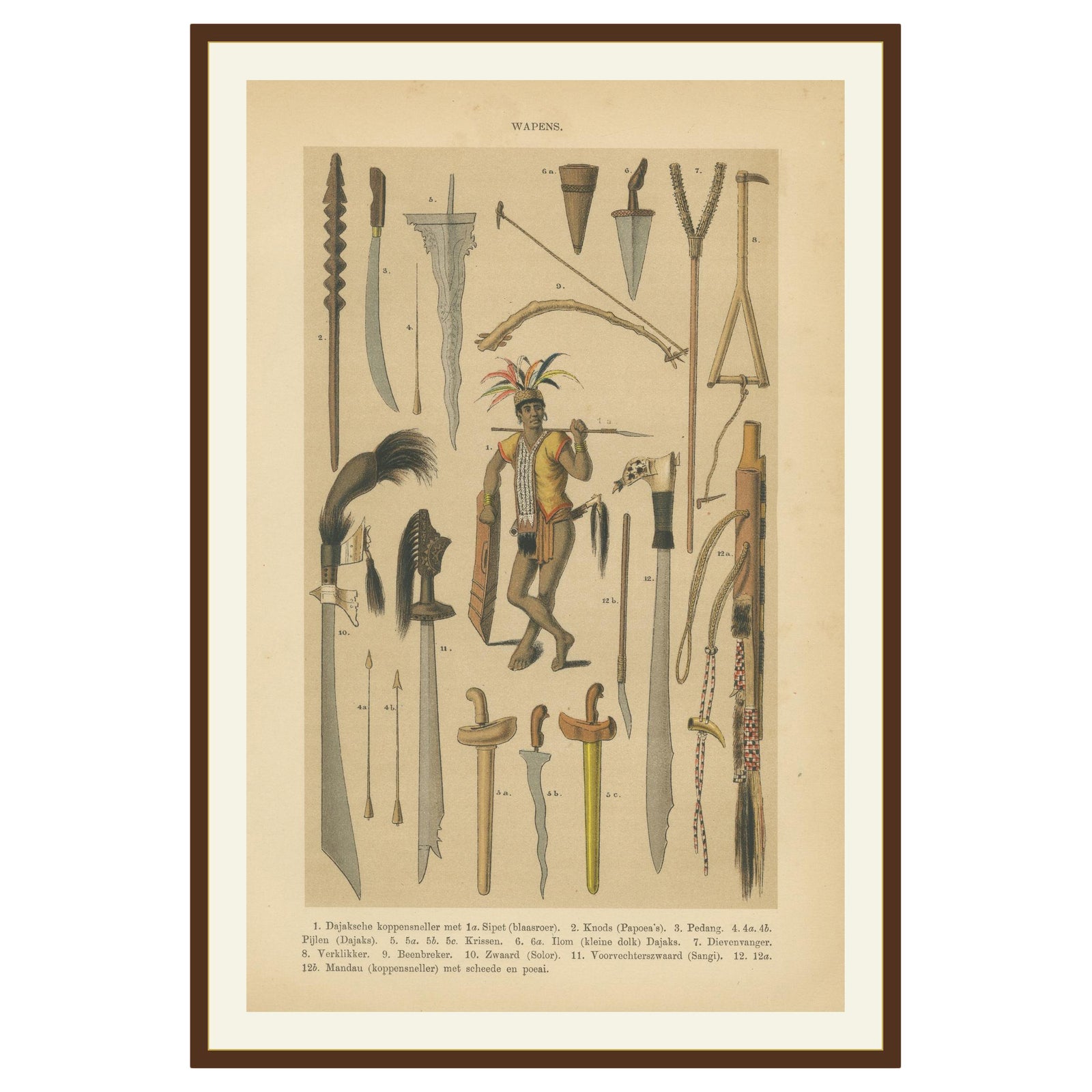 Antique Print, Javanese & Dayak Weapons, Spears, Kris & Ceremonial Arms, 1860