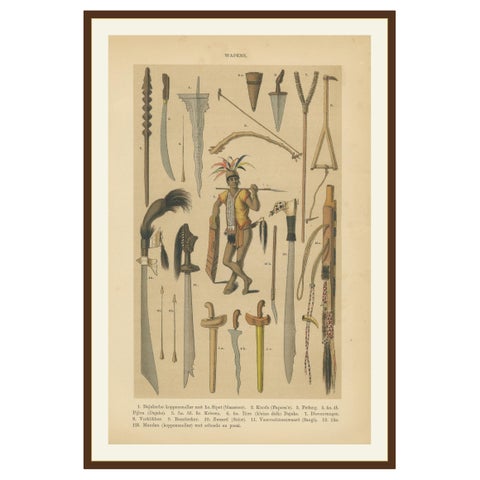 Antique Print, Javanese & Dayak Weapons, Spears, Kris & Ceremonial Arms, 1860