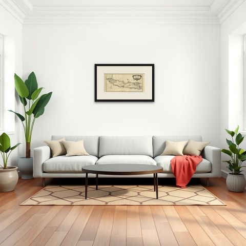 Antique Map of Java and Madura Island, Indonesia, c.1760, shown framed in a room, true to size