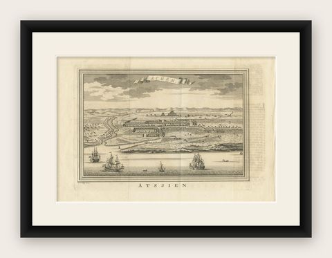 Antique Print of Atjeh by Van der Schley '1756', shown framed