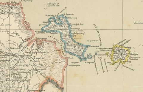 Antique Map of Sumatra, Bangka Belitung and Riau in the Dutch East Indies, 1884, close-up 3
