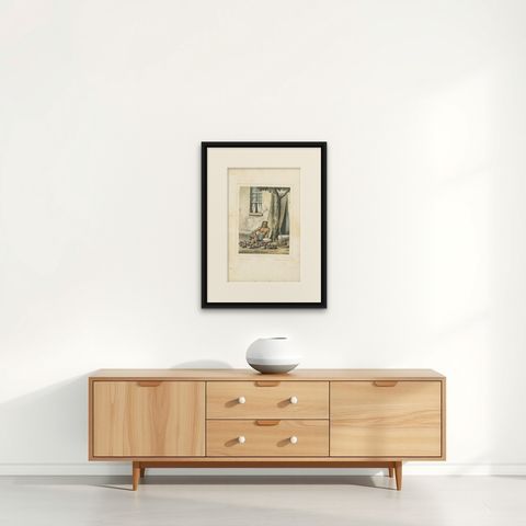 Antique Print of a Javanese Poultry Merchant by Van Pers, circa 1850, shown framed on a wall, true to size