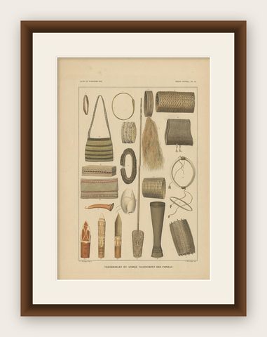Print with Items of Papua 'New Guinea, Indonesia' by Temminck, circa 1840, shown framed