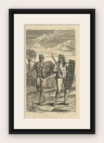 Antique Print of a Buginese and Ambonese Man by Valentijn, 1726, shown framed