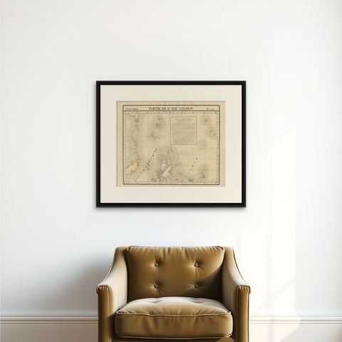 Antique Map of Southern Mindanao, Sulawesi and Gilolo Halmahera, Indonesia, 1827, shown framed on a wall, true to size