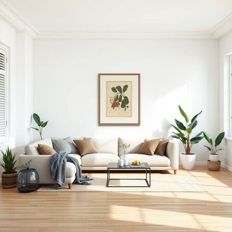 Antique Cashew Tree Botanical Chromolithograph by Hoola van Nooten, c. 1880, shown framed in a room, true to size