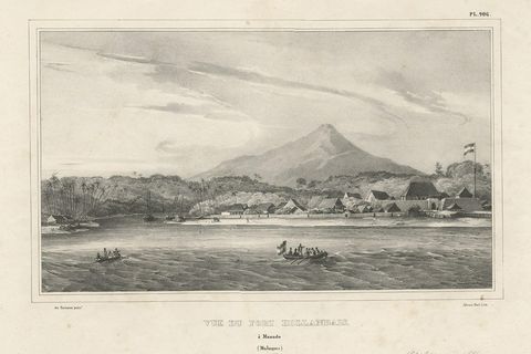Antique Print of a Dutch Fortress in Manado Bay, Sulawesi, Indonesia, 1833, close-up 1