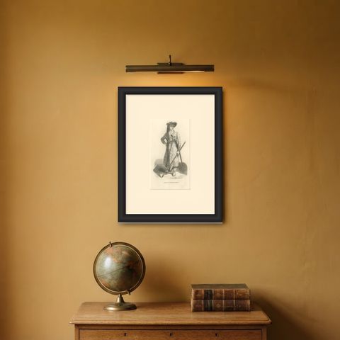 Javanese Man in War Dress, Antique Wahlen Costume Print, 1843-1844, shown framed on a wall, true to size