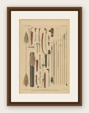 Antique Print with Weapons of Borneo 'Indonesia' by Temminck, circa 1840, shown framed