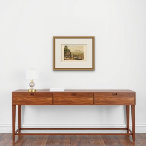 Old Print of the Cipancar River and Pantjar Volcano on Java Island, Indonesia, shown framed on a wall, true to size