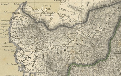 Rare Antique Map of Borneo (Kalimantan), Dutch East Indies Colonial Era, 1884, close-up 5