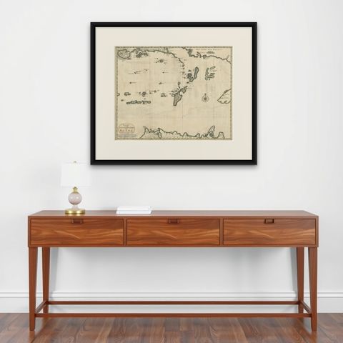 Old Antique Map of the Banda Islands (Southeast), Indonesia & Northern Australia, shown framed on a wall, true to size