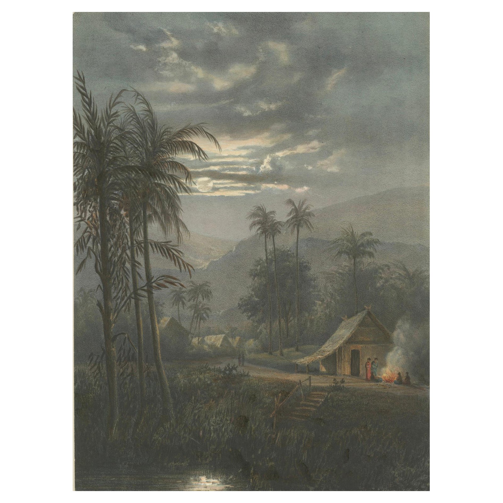 Moonlit Landscape near Sumedang, West Java, Rare Java Lithograph, 1872