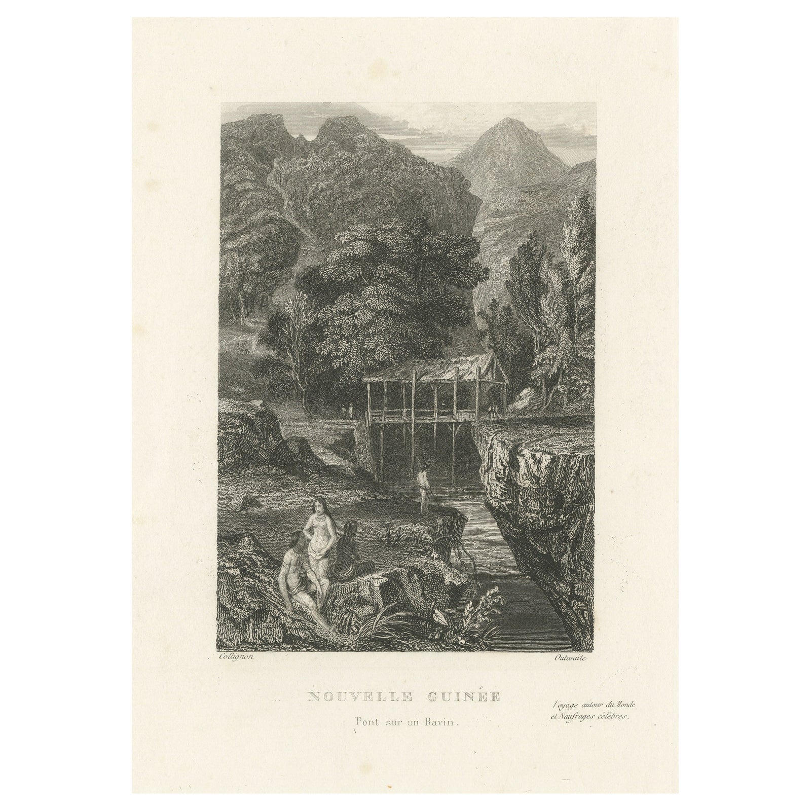 Antique Print of a Bridge over a Ravine in New Guinea