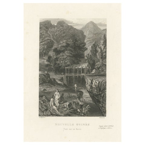 Antique Print of a Bridge over a Ravine in New Guinea