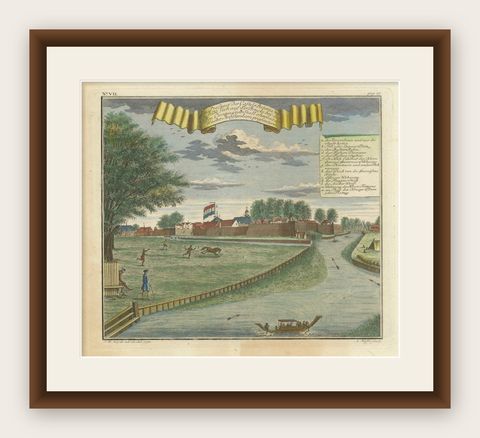 Batavia Castle and Parade Ground, Hand-Colored Engraving by J.W. Heydt, 1738, shown framed