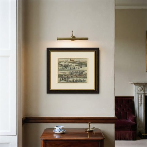 Antique Print of the Dutch VOC Bombing Palembang, Sumatra (Indonesia), ca.1700, shown framed on a wall, true to size