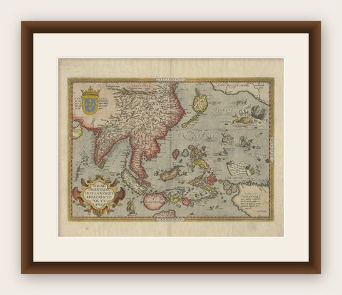 Antique Ortelius Map of Asia Featuring Japan, China, Taiwan & East Indies, 1587, shown framed
