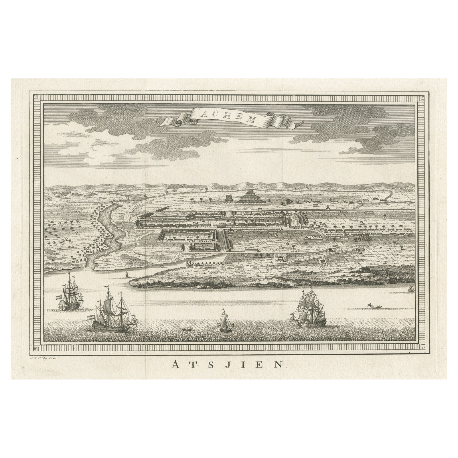 Decorative Original Antique Panoramic View of Atjeh on Sumatra, Indonesia, 1756