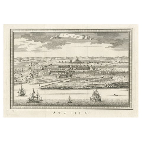 Decorative Original Antique Panoramic View of Atjeh on Sumatra, Indonesia, 1756