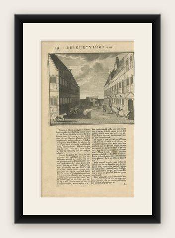 Old Print of a Shooting of a Tiger in the Court of Batavia Castle, Indonesia, shown framed