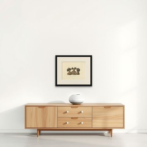 Antique Print of Natives of New Guinea, shown framed on a wall, true to size