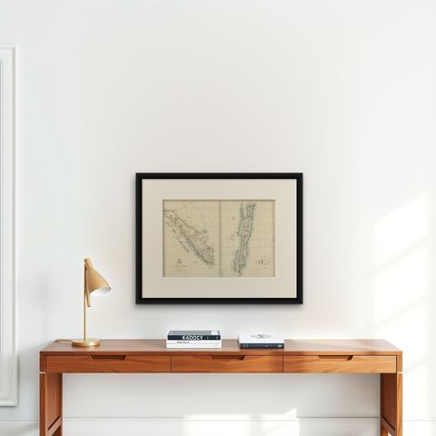 Antique Map of Sumatra and Java by Weller, c.1860, shown framed on a wall, true to size