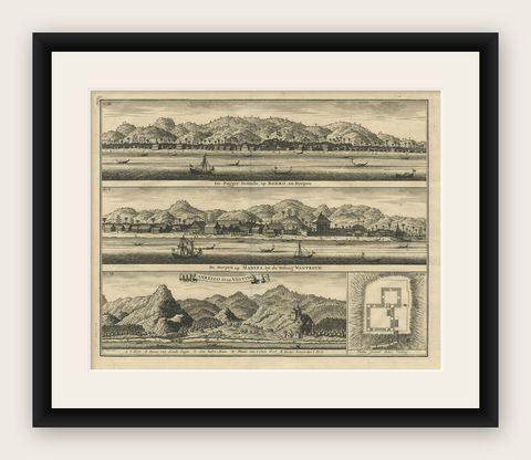 Antique Print of the Trading Posts of Ambon by Valentijn, 1726, shown framed