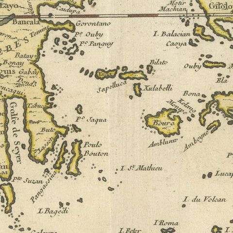 Old Original Antique Map of the Islands of East Indonesia, 1756, close-up 2