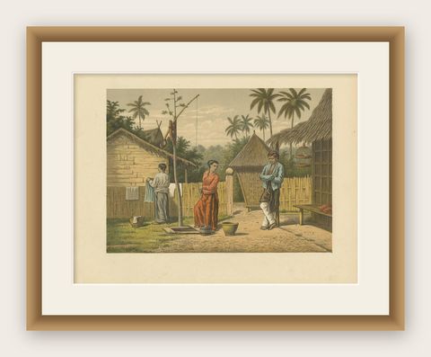Antique Print of a Domestic Scene on Java by M.T.H. Perelaer, 1888, shown framed