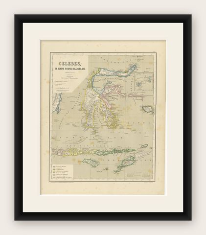 Antique Colonial Map of Celebes Sulawesi & Lesser Sunda Islands, 1884, shown framed