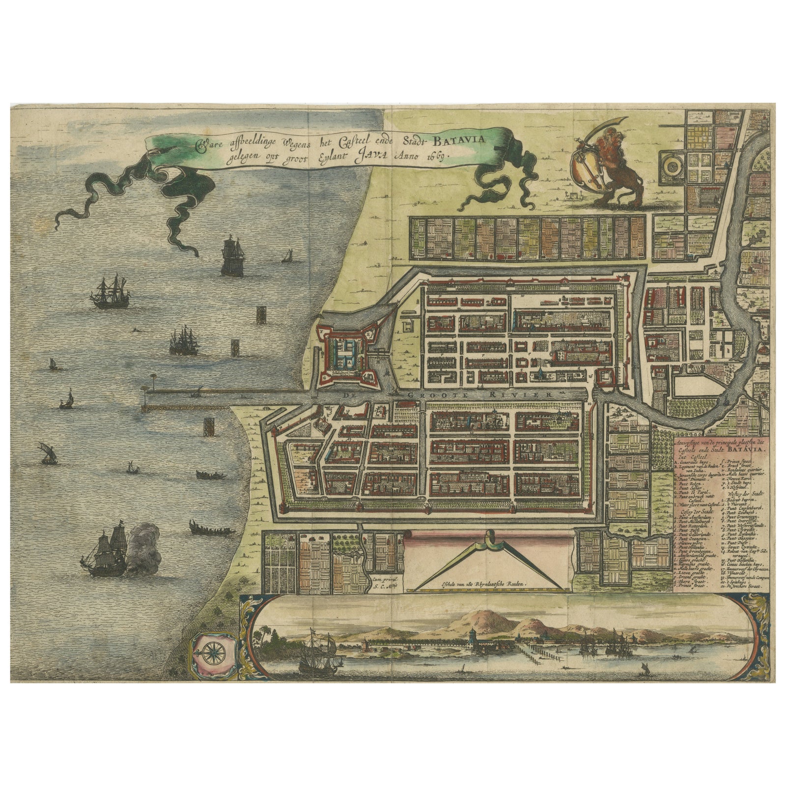 Rare 17th Century Map of Batavia and Castle on Java by Isaac de l'Obel