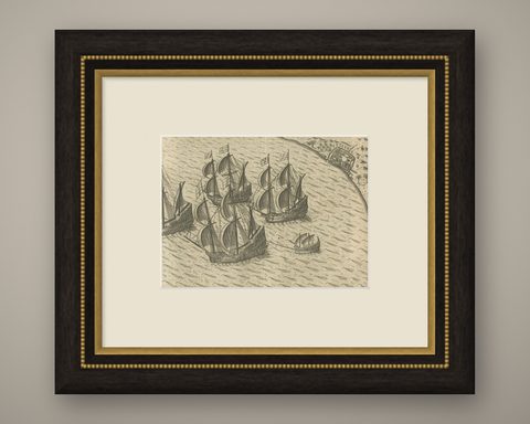 Dutch Fleet off the Coast of Bantam, Java, from History of Amsterdam, 1611, shown framed
