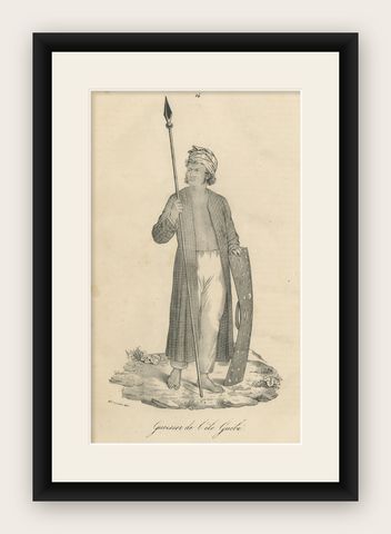 Antique Print of a Warrior from the Island of Guebe, Maluku Islands, shown framed