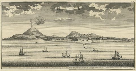 Beautiful Old View of Spice Island Banda Neira with Fort Nassau, Indonesia, 1726, close-up 1